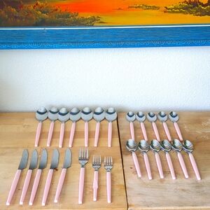 Lot of 26 Vintage Stainless China Utensil Set with Pink Plastic Handles